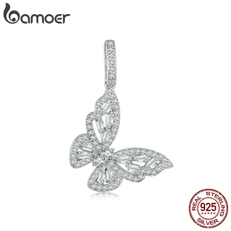 BAMOER oryginalna 925 srebro wisiorek z motylem pasuje do bransoletek i naszyjników Charm białe pozłacane DIY biżuteria akcesoria