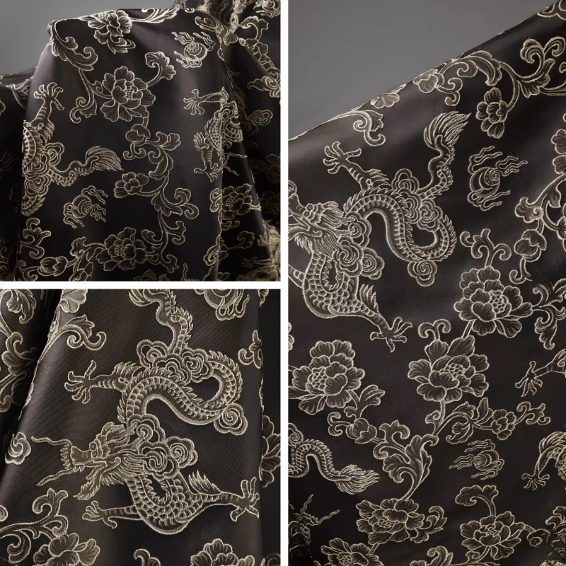Black Dragon Pattern Auspicious Cloud Pattern 3D Jacquard Fabric New Chinese Style Dress Retro Gilded Clothing Designer Fabric