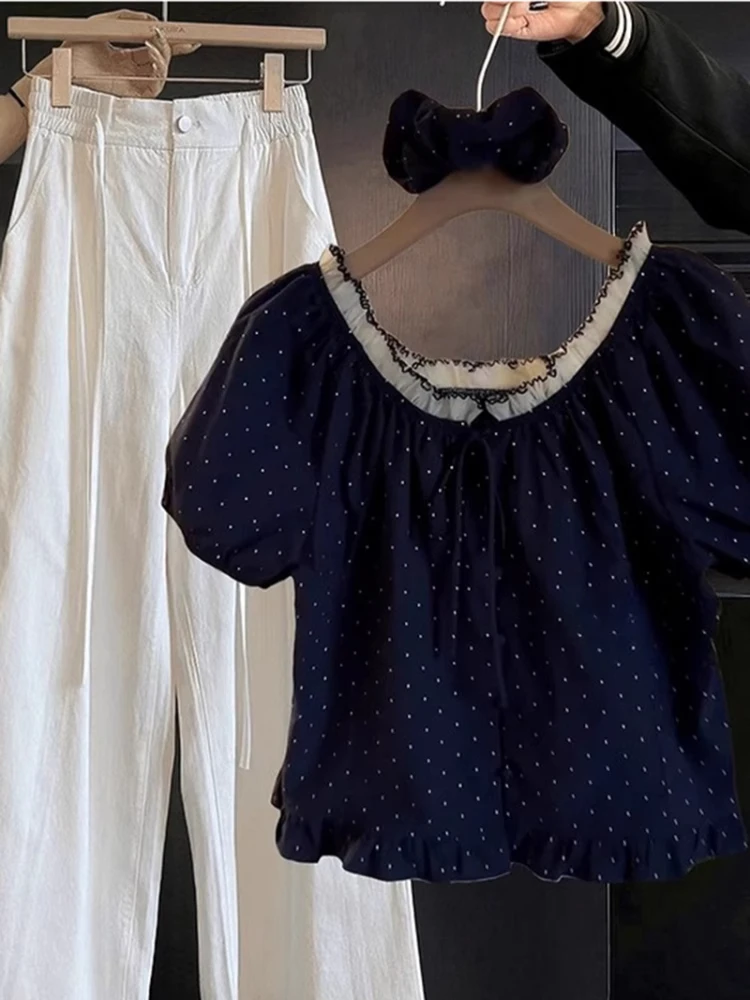 

Лето 202, женская уникальная кружевная отделка в горошек Bubble Sve irt, тонкий топ, одинарный корейский свободный крой, круглый Ne o...