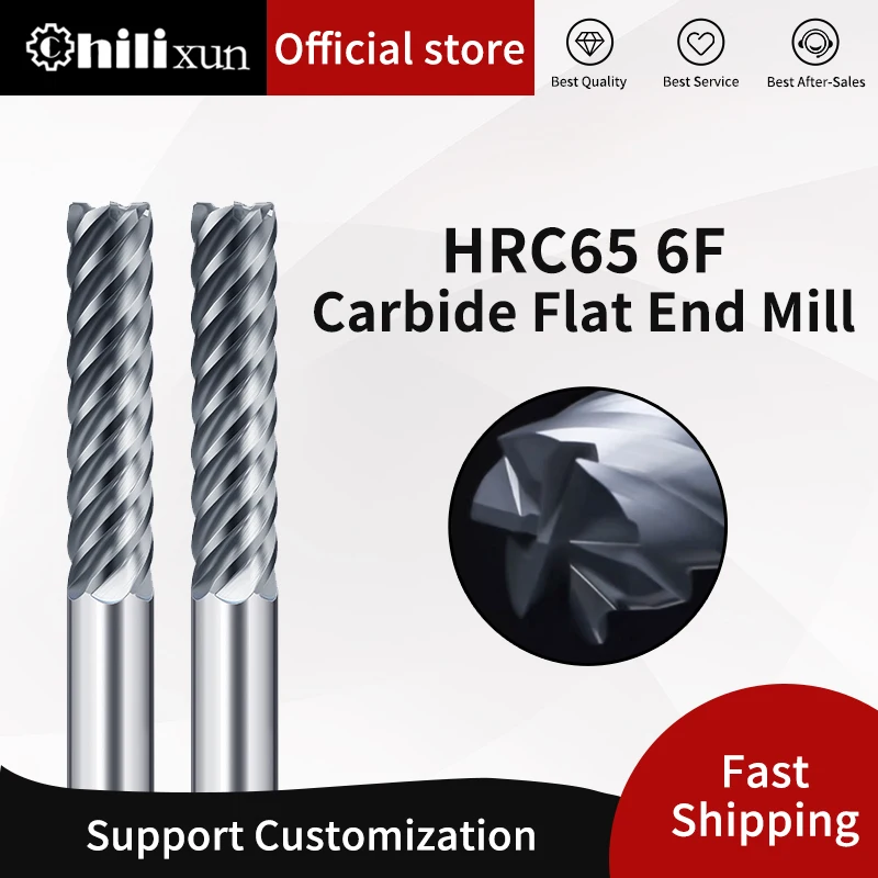 

HILIXUN HRC65 Carbide End Mill 6 Flutes Metal Steel CNC Finishing Machining Router Bit 6 8 10 12 16 18 20 25mm Milling Cutter