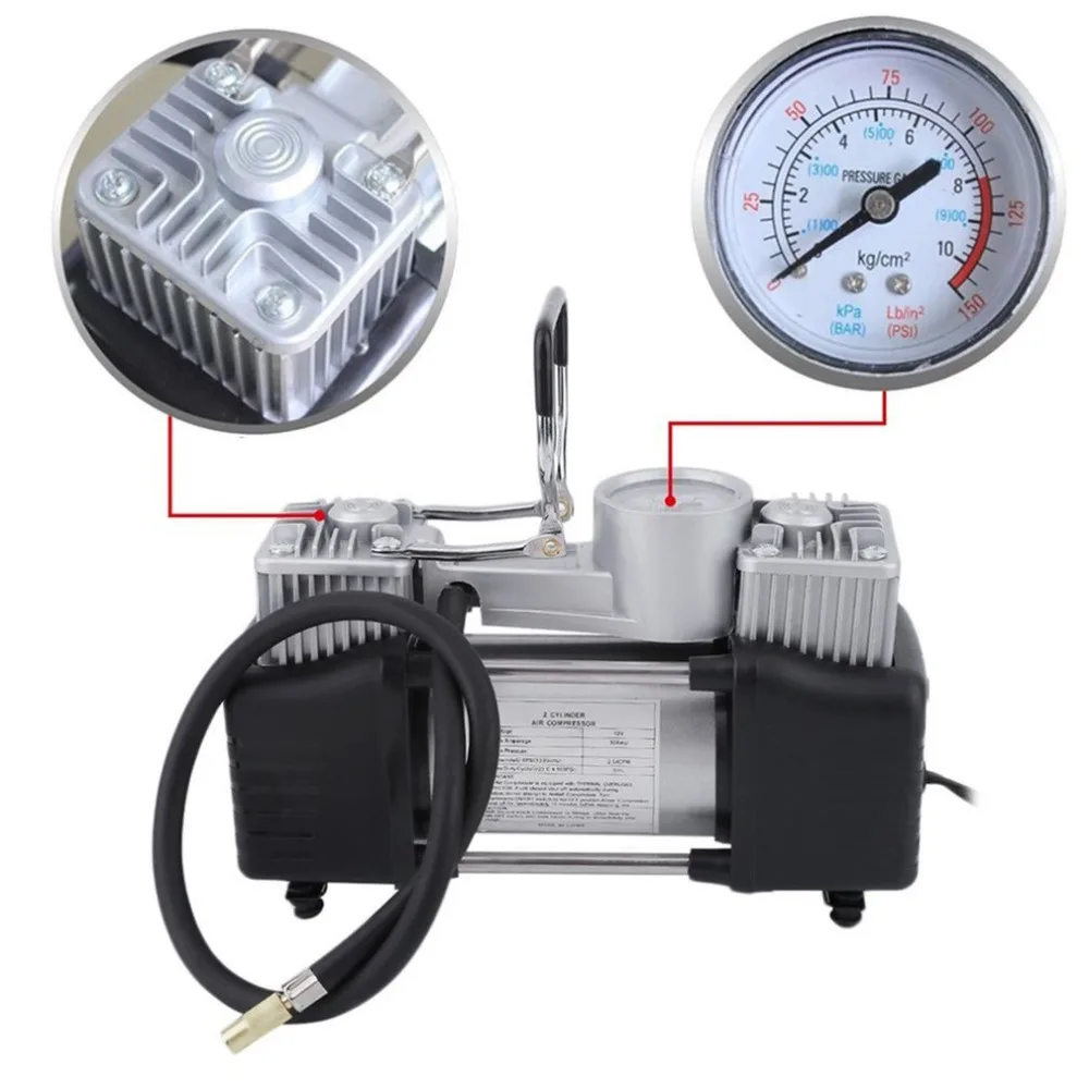 60L/min 300W 150PSI Car Air Compressor Tyre 12V Stainless Steel Double Cylinder Inflator High Power Car Tyre Inflation Pump