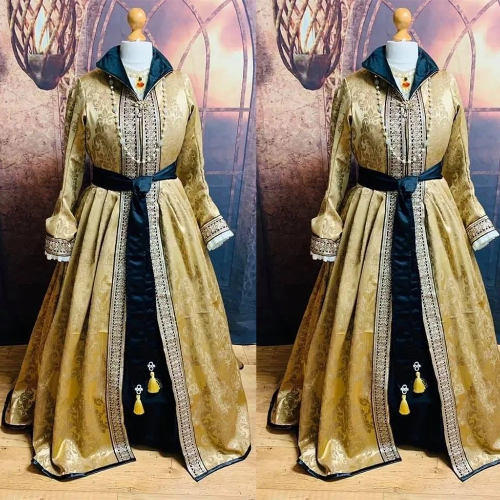 

Средневековое платье-халат Тюдоров 16-го века в стиле Ренессанс Королева Тюдоров, золотое бальное платье на заказ