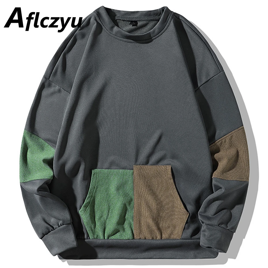 

Vintage Harajuku Sweatshirts Men Fashion Casual Patchwork Pullover Spring Autumn Sweatshirt Male