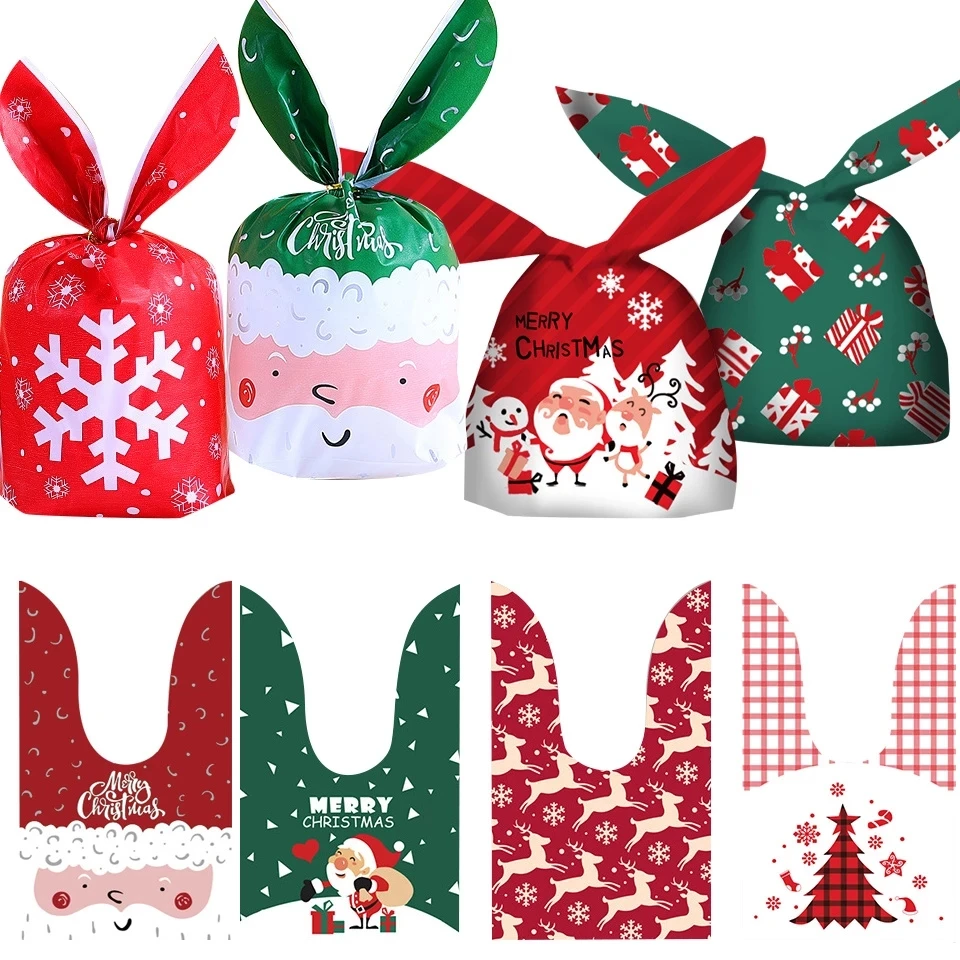 10/20pcs Christmas Rabbit Ear Candy Bags Carton Santa Claus Snowman Printed Gifts Bags For Noel Xmas Cookies Packing Supply