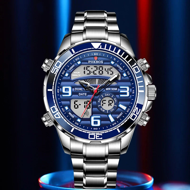 FOXBOX Luxury Electronic Man Watch Fashion Casual Dual Digital Display Quartz Stainless Waterproof Luminous Date Watches for Men