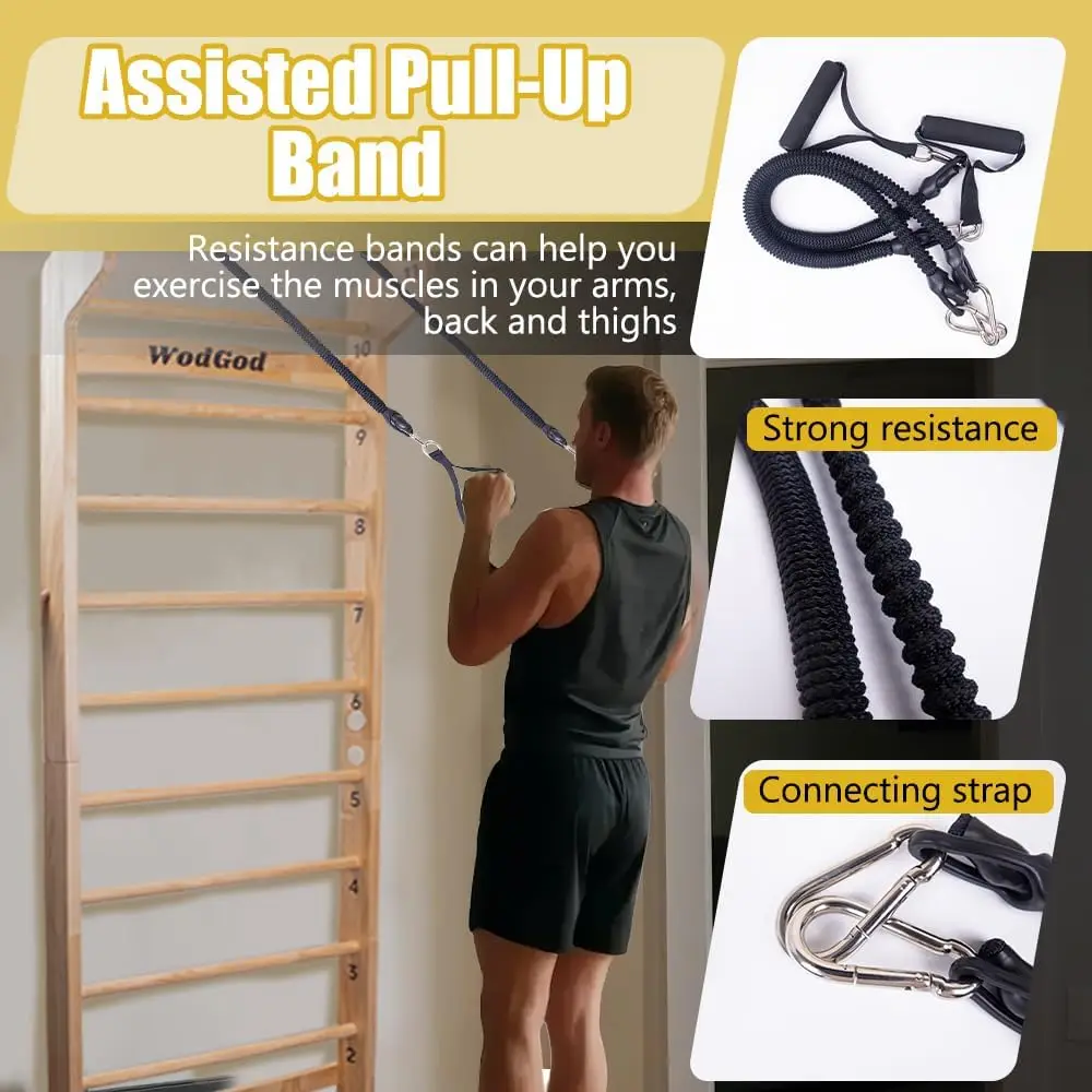 سلم خشبي سويدي مع 11 قضبان استراتيجية، مع حامل يصل إلى 330 رطلاً، قضيب كشك، يشمل أشرطة التمرين + شريط مقاومة للسحب + Pu #5