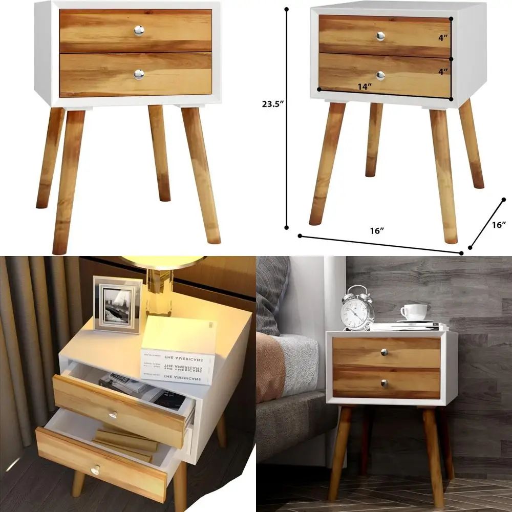 

Mid-Century Nightstand with 2 Sliding Drawers, Multipurpose Bedside Table for Bedroom