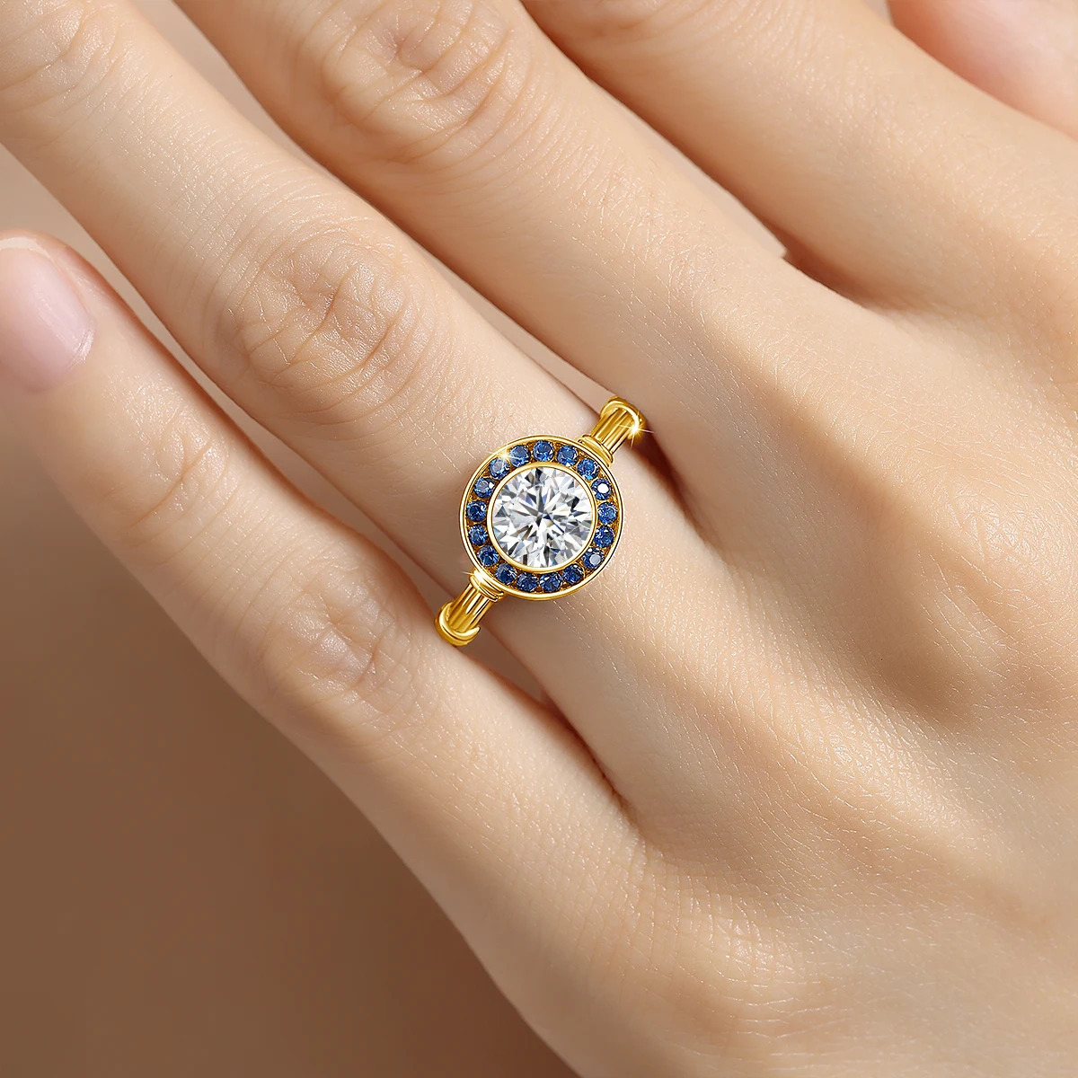 925 Silber Klassische Moissanit-Diamantringe für Damen, Luxuriöse Eingelegte Blaue Korund-Halo-Ringe für Hochzeit und Party – Detail 6