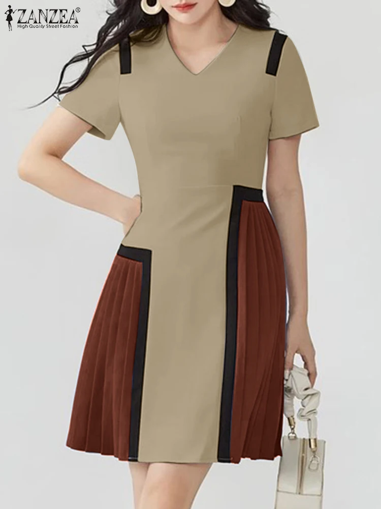

ZANZEA Woman 2025 Summer Knee-length Robes Femme Contrast-Color Patchwork Fashion Short Sleeve V-Neck A-line Pleated Dresses