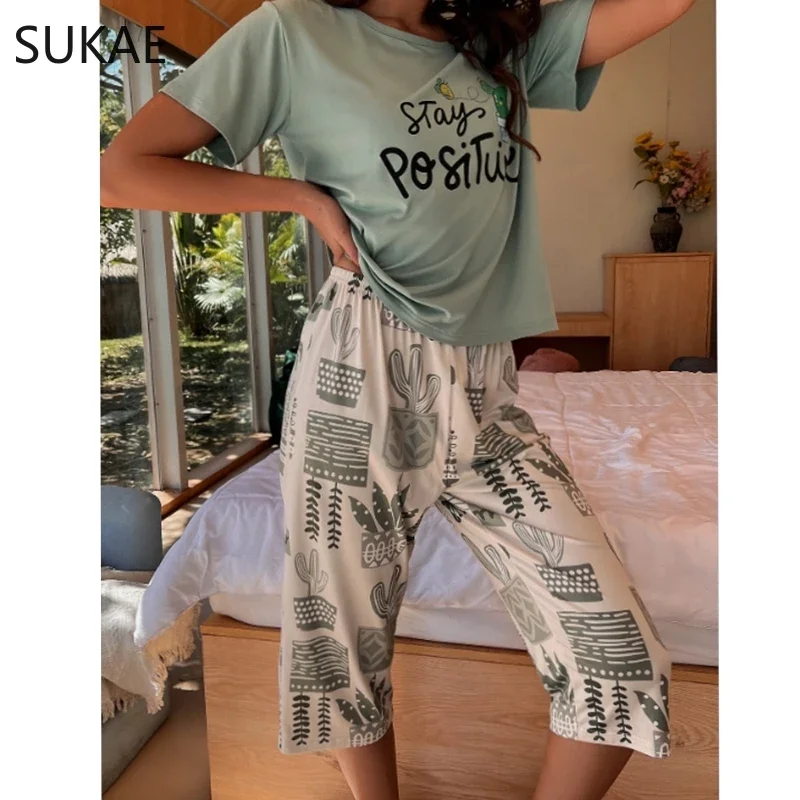 Ins Summer Women Capris Pajamas Set Calf-length Pijama Milk Silk Sleepwear Homewear Short Sleeves Nightwear Leisure Loungewear