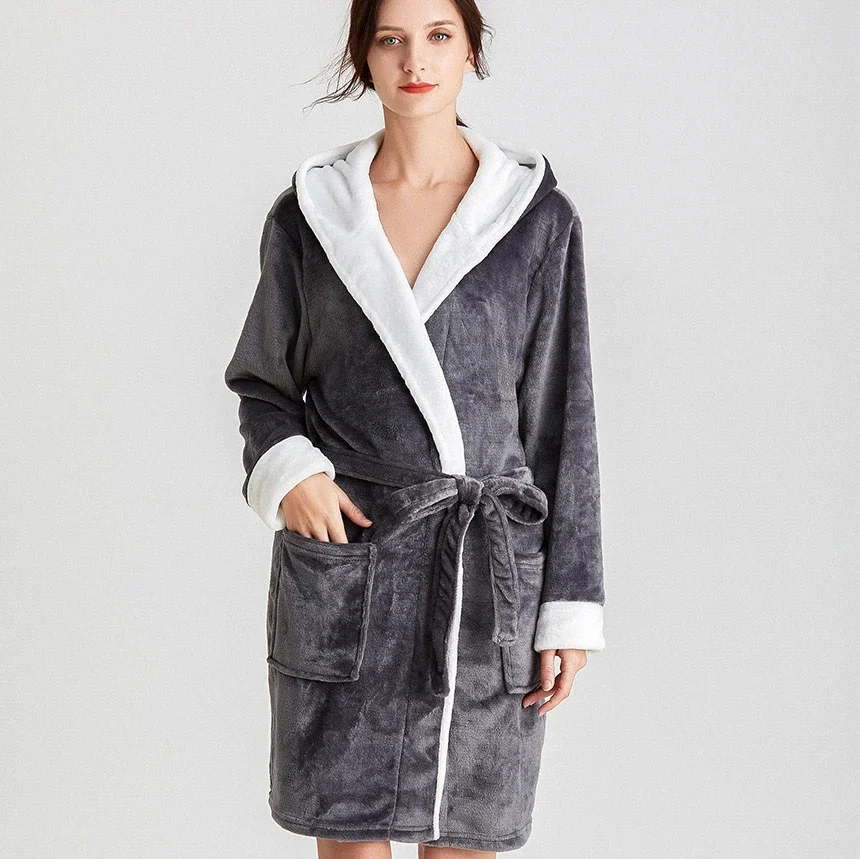 Flannel Women's Winter Bathrobe Hooded Long Sleeve Ladies Warm Dressing Gown with Sashes Pockets Loose Nightwear for Female