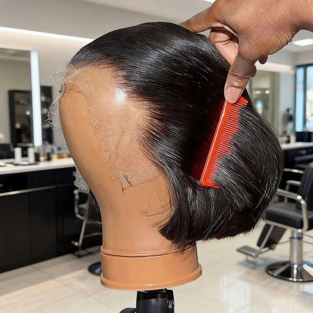 13x6 HD Lace Front Perücke, 100% Echthaar, kleberlos, glatt, kurzer Bob, vorgezupft, brasilianisches Haar, vorgeschnittene Spitze, sofort tragbar, für schwarze Frauen