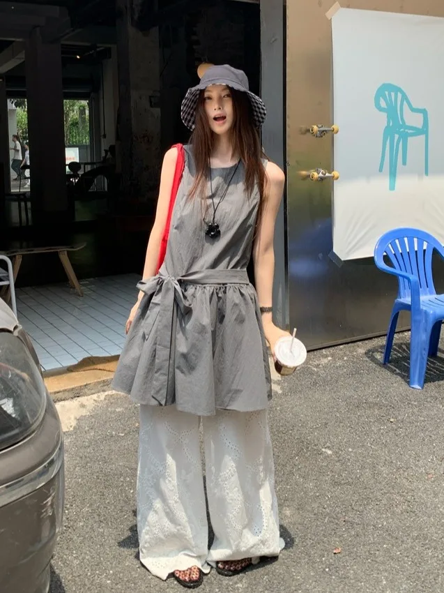 

Retro e ey Lace Dr Set Korean Sle Wide Leg Pants Belted Layered Women's Faion Ensemble Summer 2025 Collection