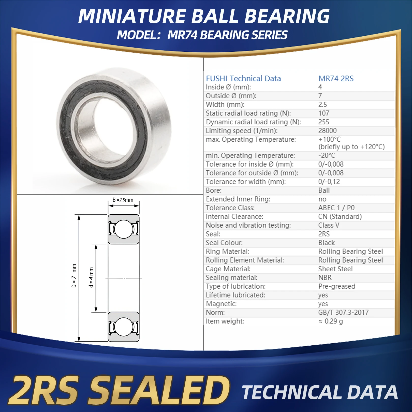 Подшипник FUSHI MR74 ZZ 4x7x2,5 мм, 10 шт. MR74ZZ MR74RS, подшипники для наконечников для видеокарты, высокая скорость для двигателя