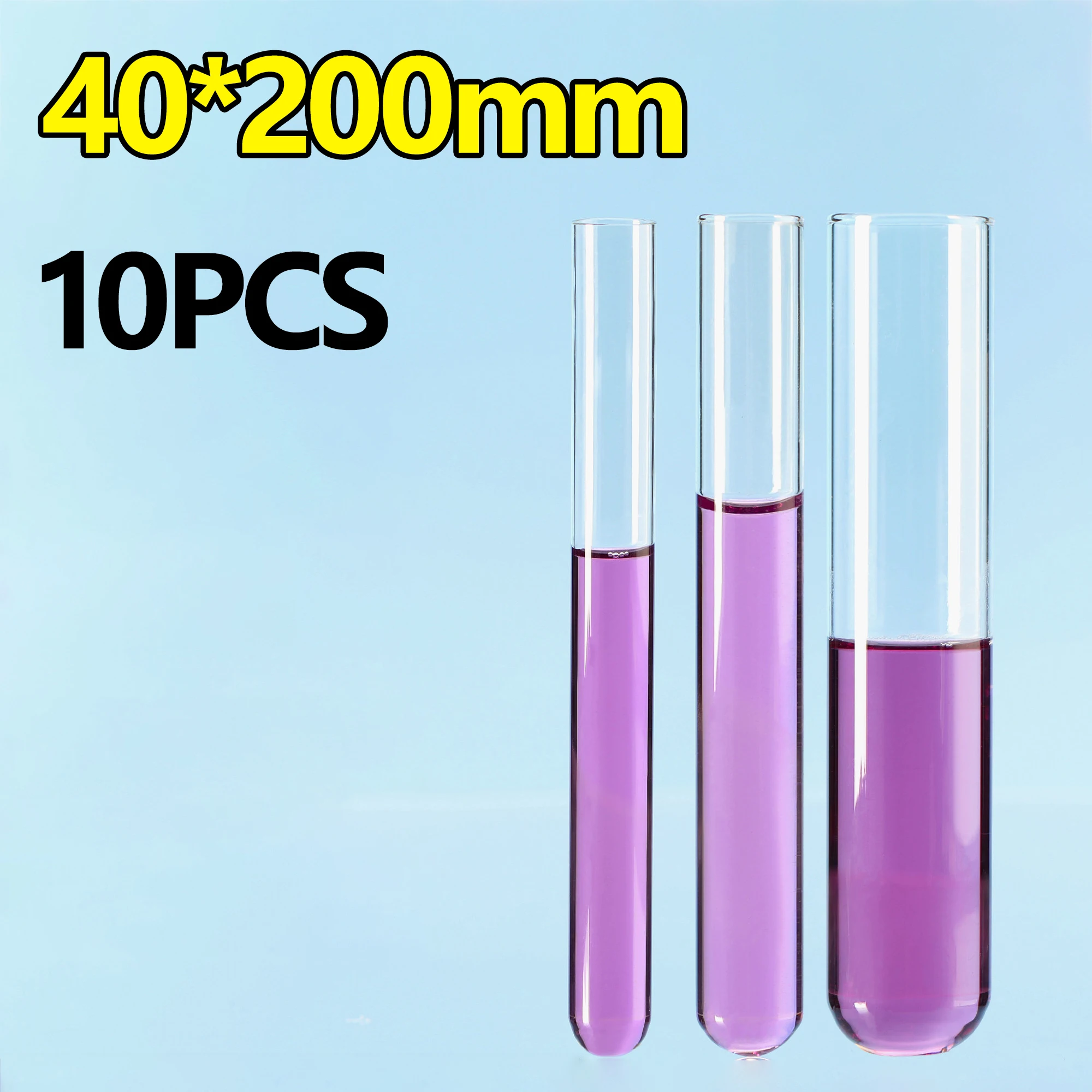 10 glass test tubes, flat mouth, round bottom 40*200mm, high temperature resistant, high borosilicate glass