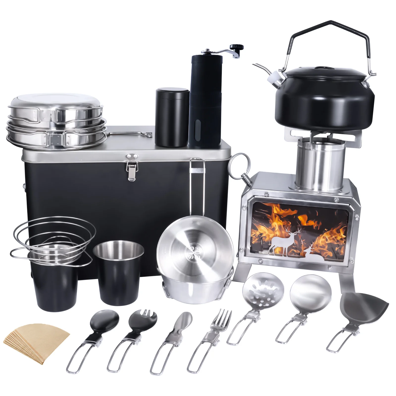 Camping Cookware Set With Mini Firewood Stove Portable Tableware Set Travel Cookware Set Outdoor Hiking Picnic Equipment Teapot