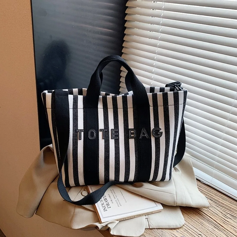 

Simple Cloth Stripe Canvas Tote Bag Trendy Crossbody Strap Korean Style Shoulder Bag Portable Lightweight Large Capacity Handbag