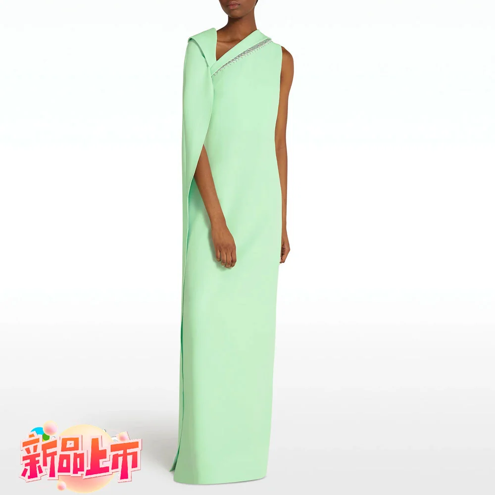 

Pandora Simple Green Women's Formal Evening dress V-neck one shoulder sleeve crystal floor-length slit satin wedding party gown