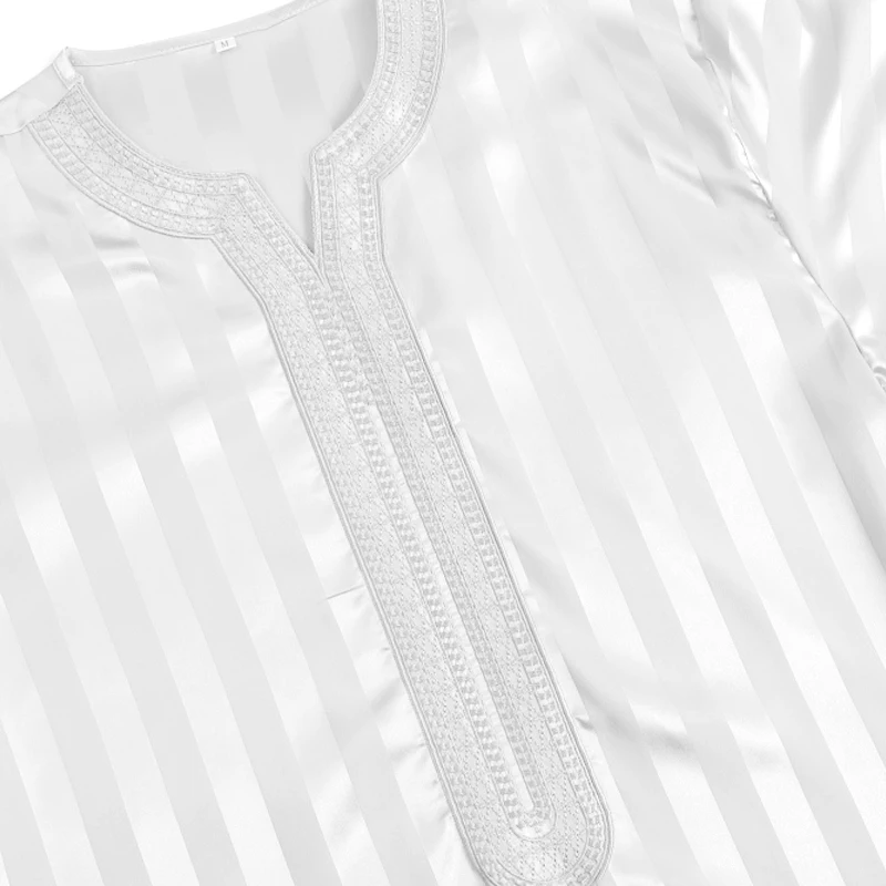 Gamis Arab Muslim Baru 2025 Jubah Kasual Tradisional Pakaian Muslim Pria Mode Musim Panas Bergaris Jacquard Warna Solid Kaftan Pria