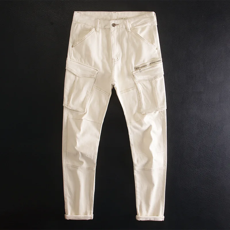 

Autumn High-End Patchwork Off-White Jeans for Men, Unique Versatile Trendy Multi-Pocket Slim Fit Skinny Long Pants