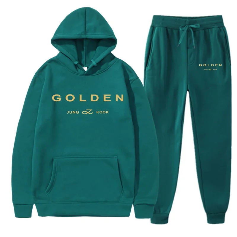 2025New Jungkook Kpop Mens Tracksuit Sports Hoodies Set Golden Album Merch Hooded Sweatshirts and Elastic Sweatpants Fashion Set