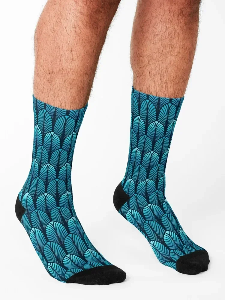 Art Deco Feather Pattern, Sapphire Blue Socks Hiking boots kawaii sheer ankle Girl'S Socks Men's