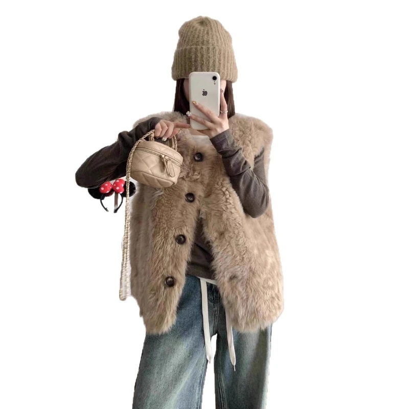 النساء فو الفراء سترة معاطف جاكيتات جولة الرقبة معطف سميكة الدافئة Y2k الشارع الشهير سترة أنيقة العمل سترات بلا أكمام الخريف الشتاء #5