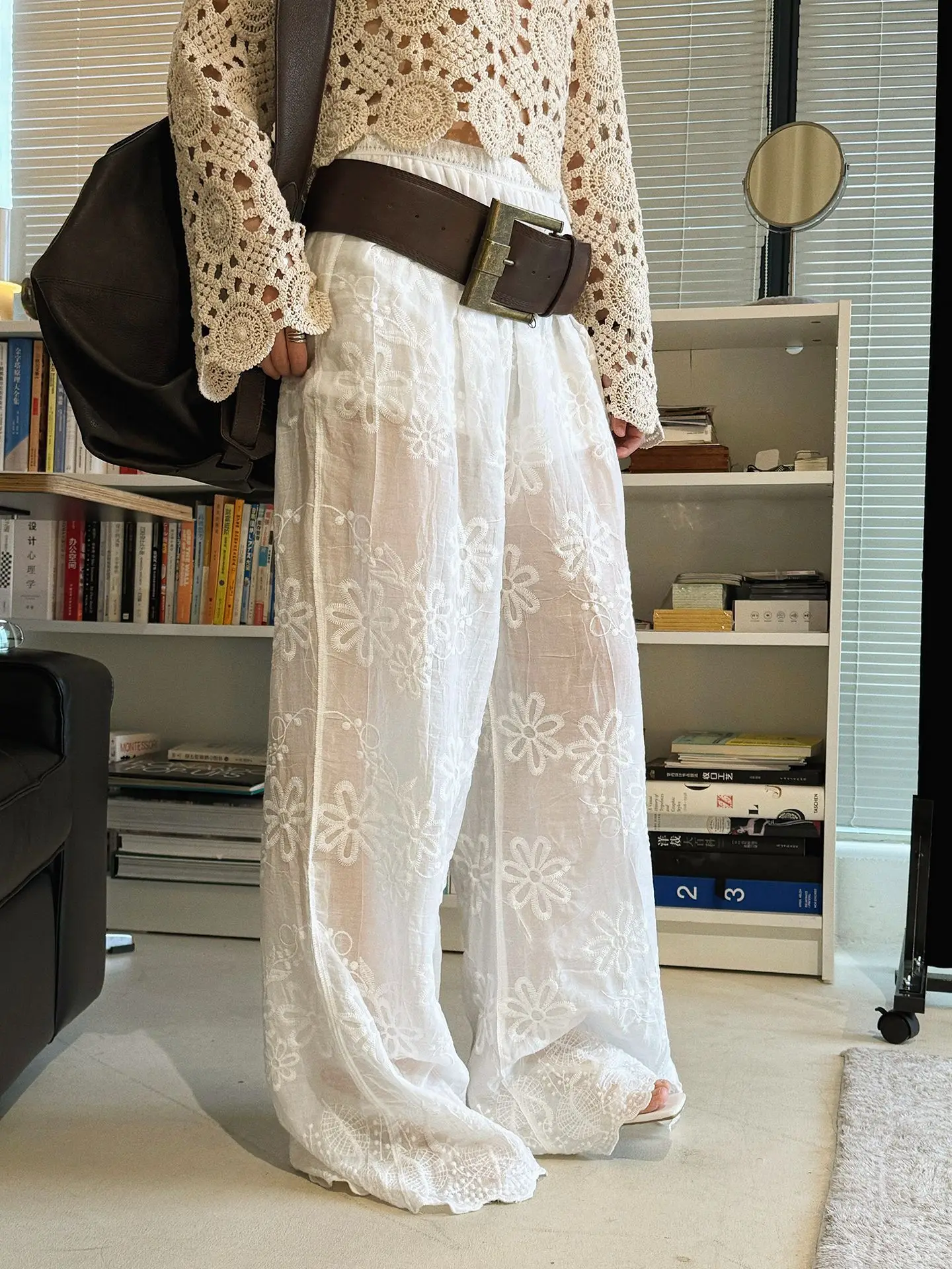

2026 Women Casual Stretch High Waist Boho Long Pants Fashion See Through Lace Crochet Wide Leg Pants Women Clothes Trousers