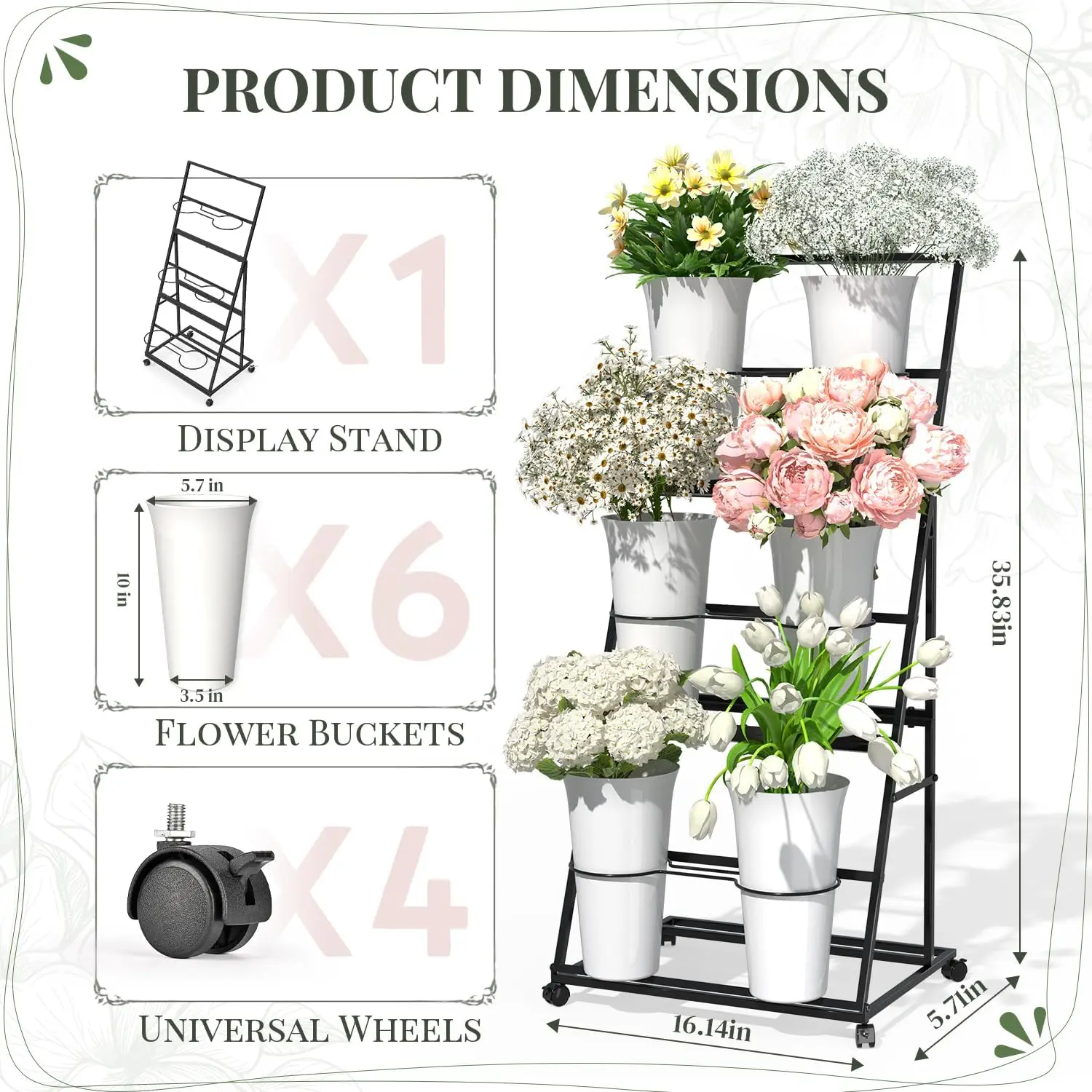 Heavy Duty Flower Display Stand Metal Plant Holder Shelf Moving Flower Cart Bucket Rack Mobile Storage Organizer Shelf Outdoor Garden Patio Florist Living Room Black