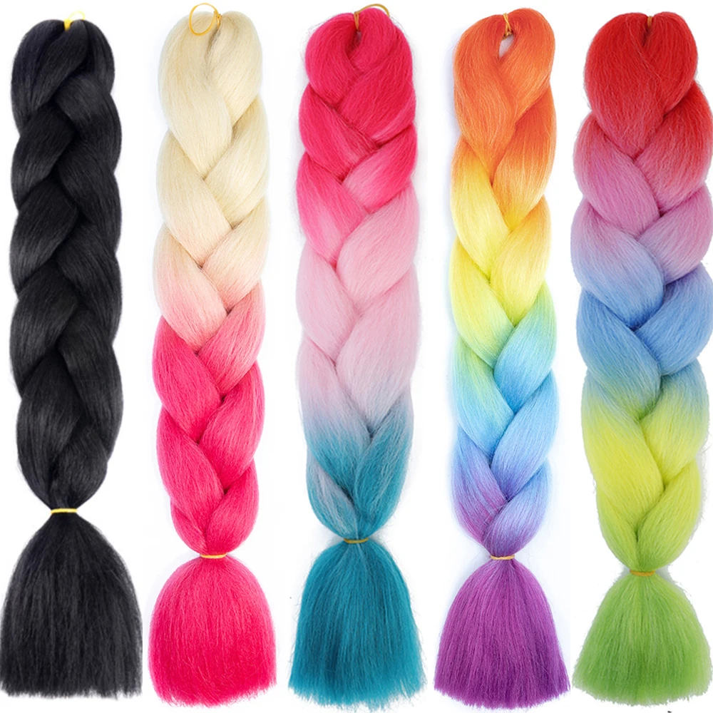 MISSQUEEN-Extensión de cabello trenzado sintético Jumbo para mujer, trenzas de color rosa, morado y amarillo, 24 pulgadas