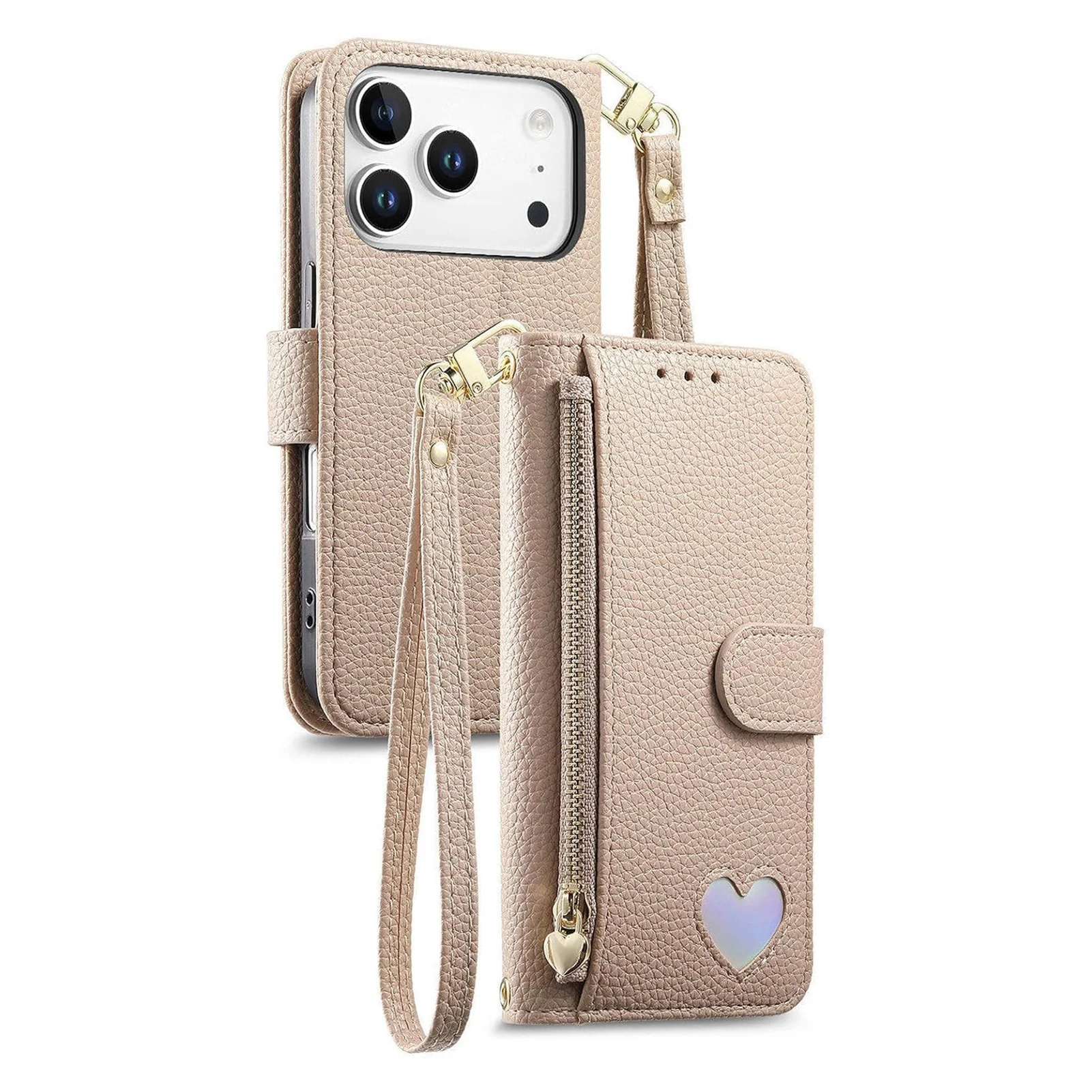 

Flip Case for iPhone 17 Pro Max/17 Pro/17 Air/17 Flip Wallet Case Zipper Card Holder PU Leather Litchi Grain Strap