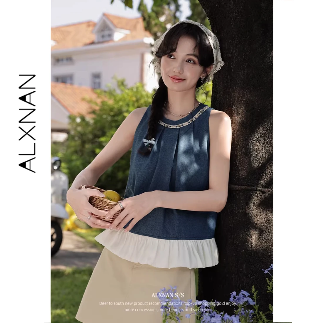 ALXNAN Blue Tank Tops Women Summer Round Neck Beaded Trim Neckline Ruffle Hem Loose-fit Elegant Sleeveless Denim Tops L55959