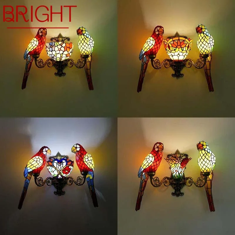 

BRIGHTTiffany parrot Wall Lamps American countryside Children's room Homestay Villa Hotel Stained Glass Animal Decoration Lamp