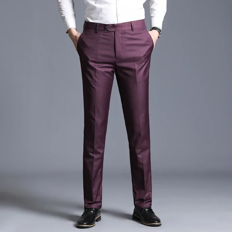 Men\'s Solid Color Casual Business Suit Pants Formal Office Trousers for Male Groom Wedding Tuxedo Pants