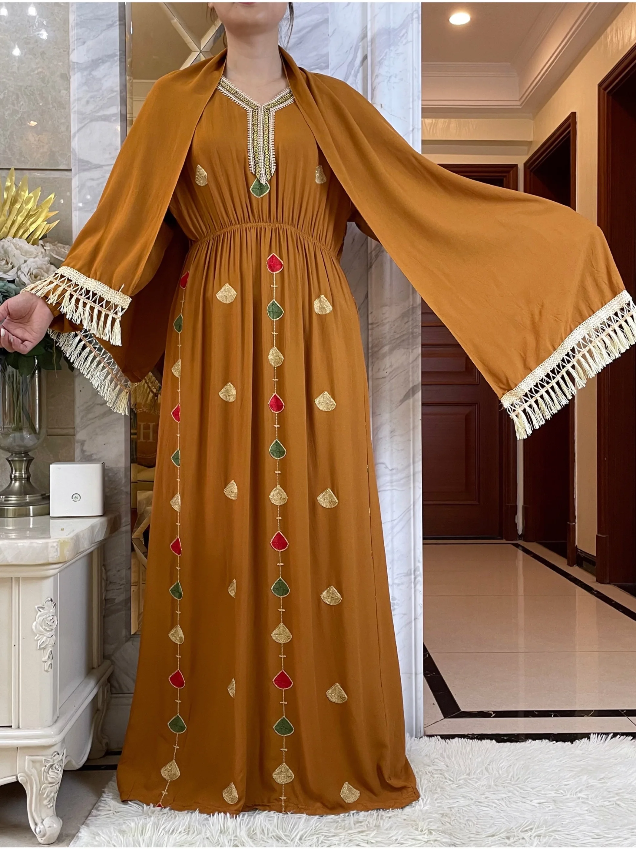 Abaya muçulmana com lenço grande para mulheres, vestido bordado islâmico, manga comprida, algodão, festa noturna árabe, Dubai, outono, novo