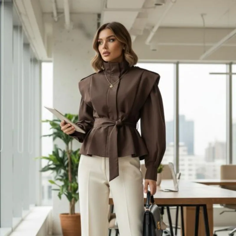 

Women's Autumn Trench Coat Vintage Lapel Lace-up Slim Fit Solid Jacket Patchwork Design Casual High Street Office Wear For Daily