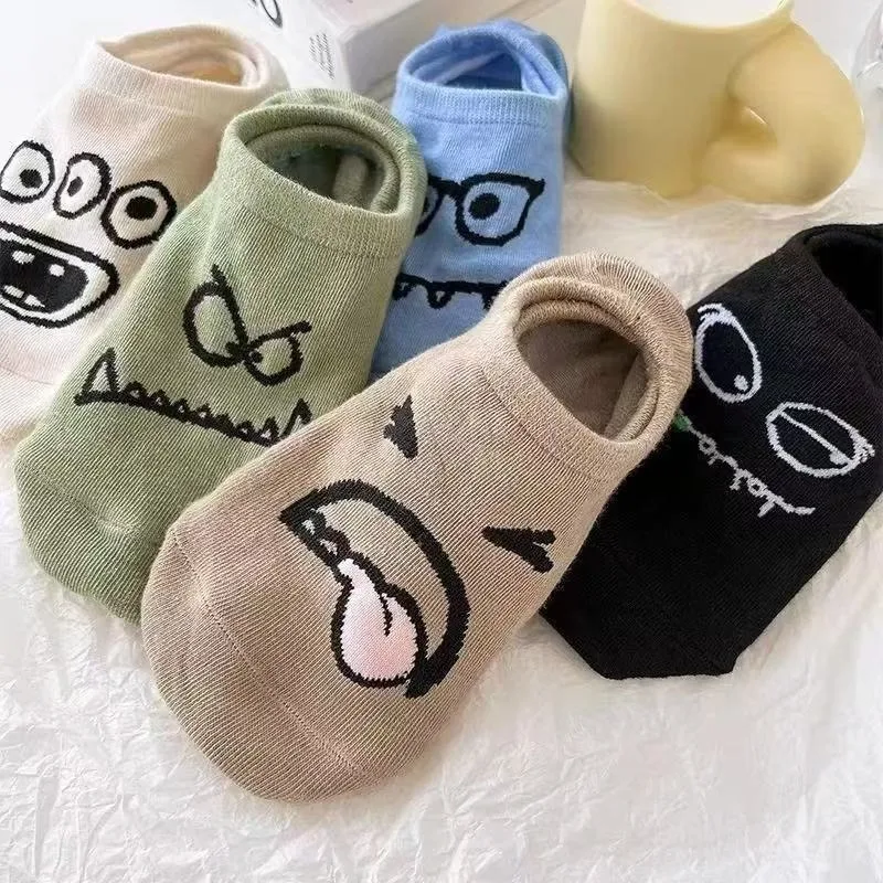 5 Pairs Summer Thin Cartoon Funny Expression Women's Boat Socks Absorbing Breathable Invisible Shallow Mouth Cute Short Socks