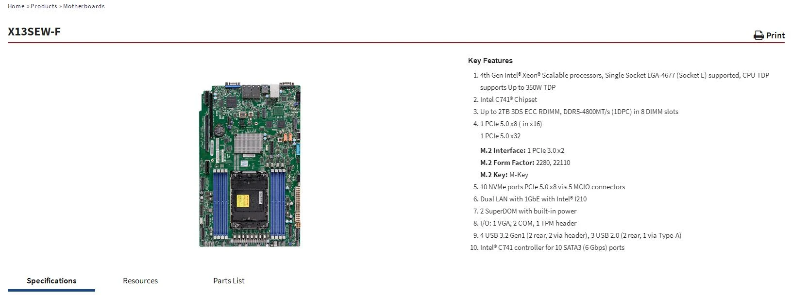 X13SEW-F for Supermicro Motherboard LGA-4677,4th Gen Xeon Scalable Processors,10 NVMe ports PCIe 5.0 x8