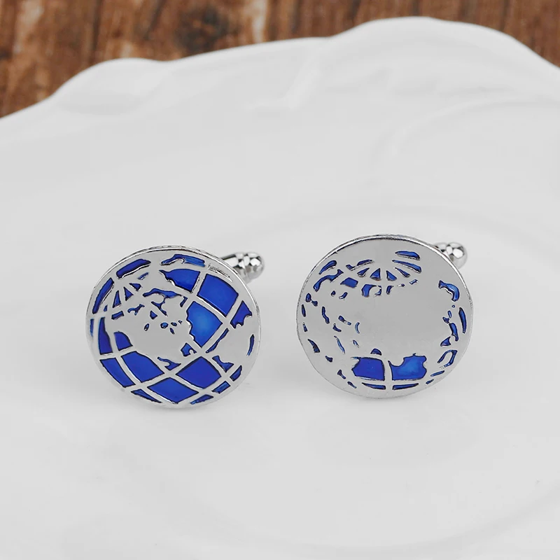 Statement Blue World Map Design Mens Cufflinks Eastern Hemisphere Western Hemisphere Round Sleeve Button
