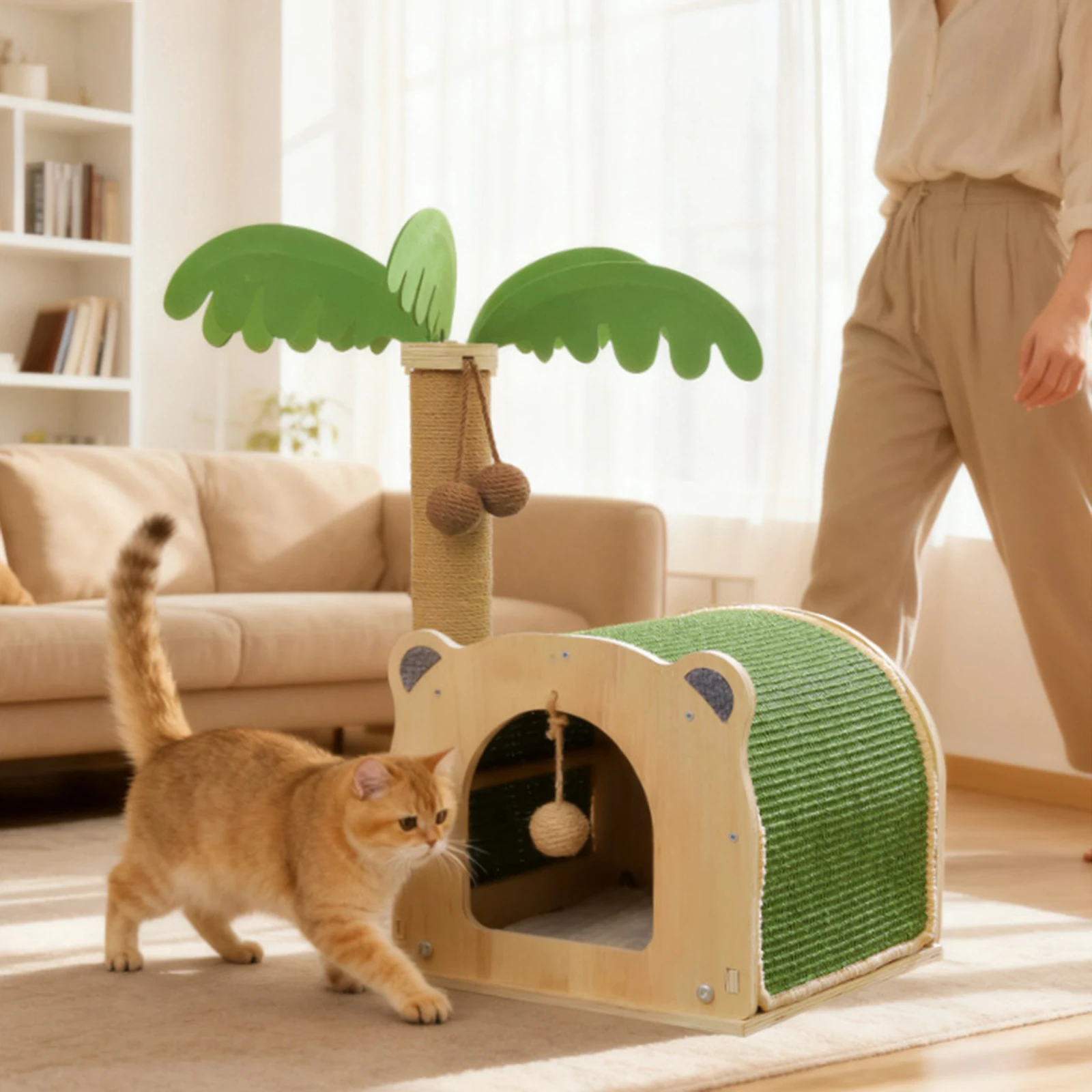 

Coconut Tree Cat Scratching Post with Hanging Balls Wooden Cat Scratcher Toy for Kittens and Cats
