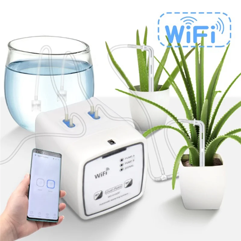 Wifi Control Watering Device Automatic Water Drip Irrigation Watering System Kit Mobile APP Control-Double Pump 15 Pots