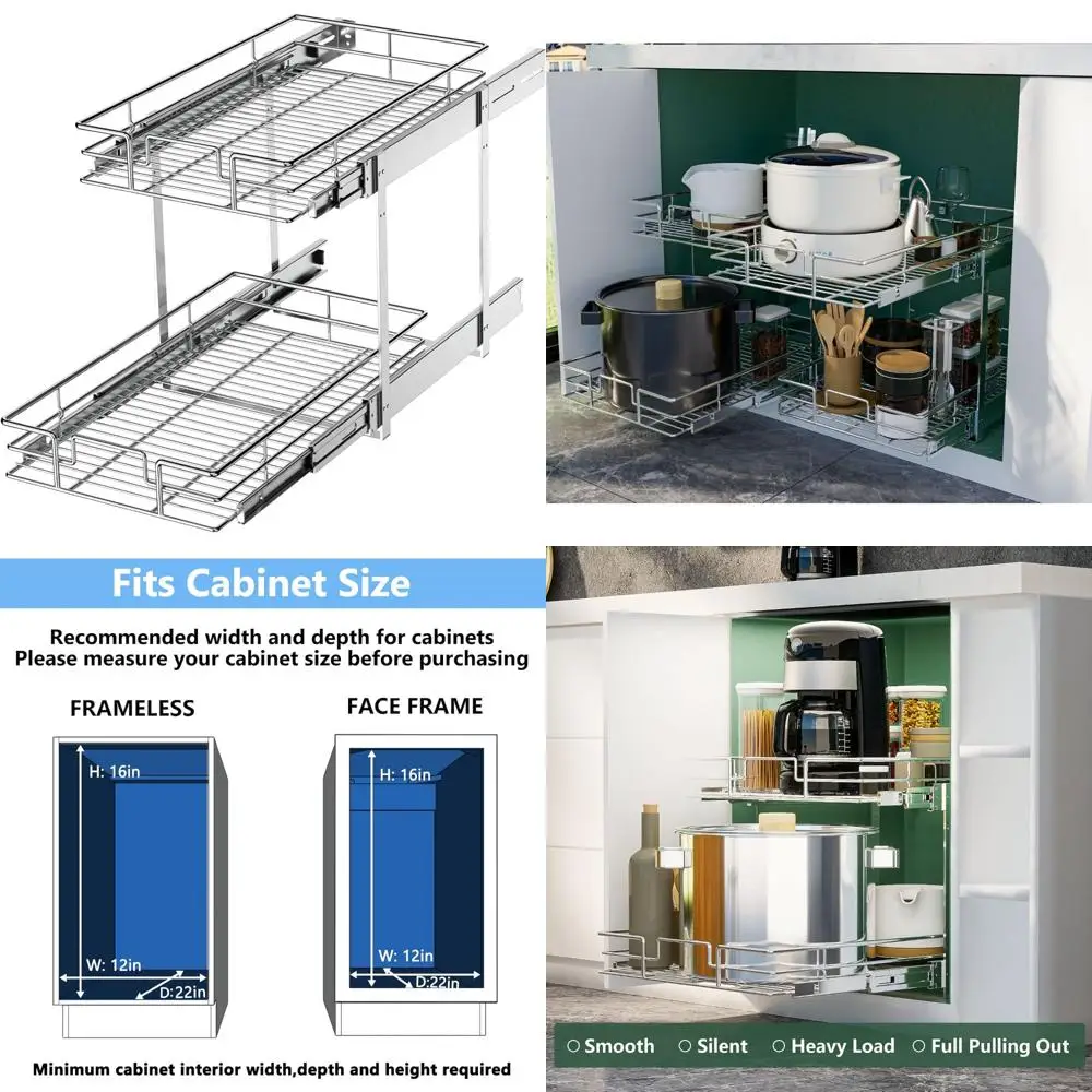 منظم خزانة قابل للسحب - مساحة تخزين للمطبخ بطبقتين مع أرفف منزلقة، عرض 11.5 × 21.5 عمق، حل موفر للمساحة لـ Eff