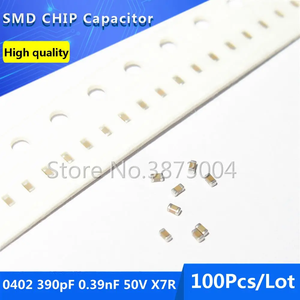 100pcs 0402 390pF 0.39nF 50V X7R 10% Thick Film Chip Multilayer Ceramic Capacitor
