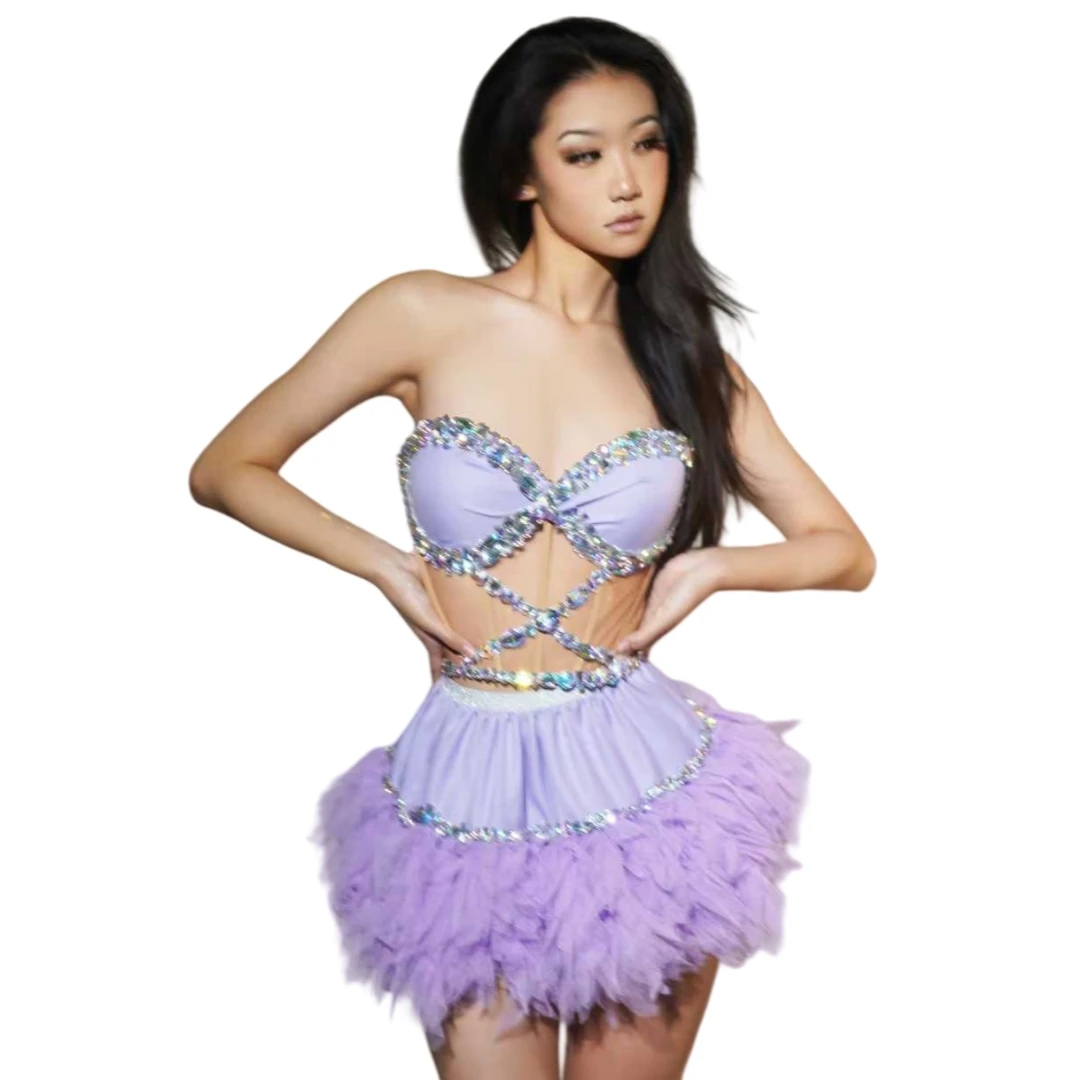 

Performance Stage Wear Outfit For Women White Purple Mesh Ruffle Costumes Birthday Party Night Clubwear