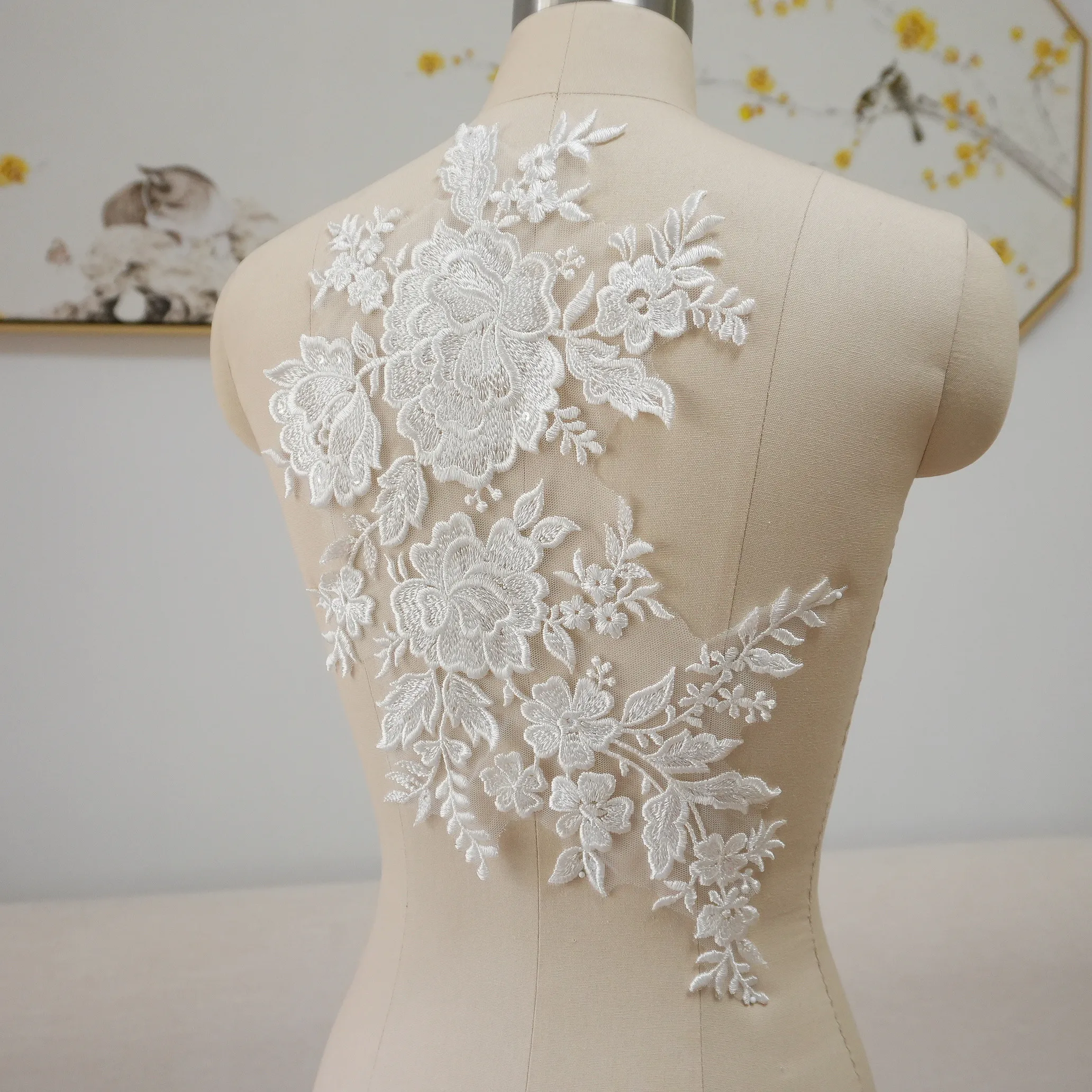 

Handmade White Lace Floral Patch with Embroidery and Sequins DIY Sew-on Applique for Wedding Dresses Accessories