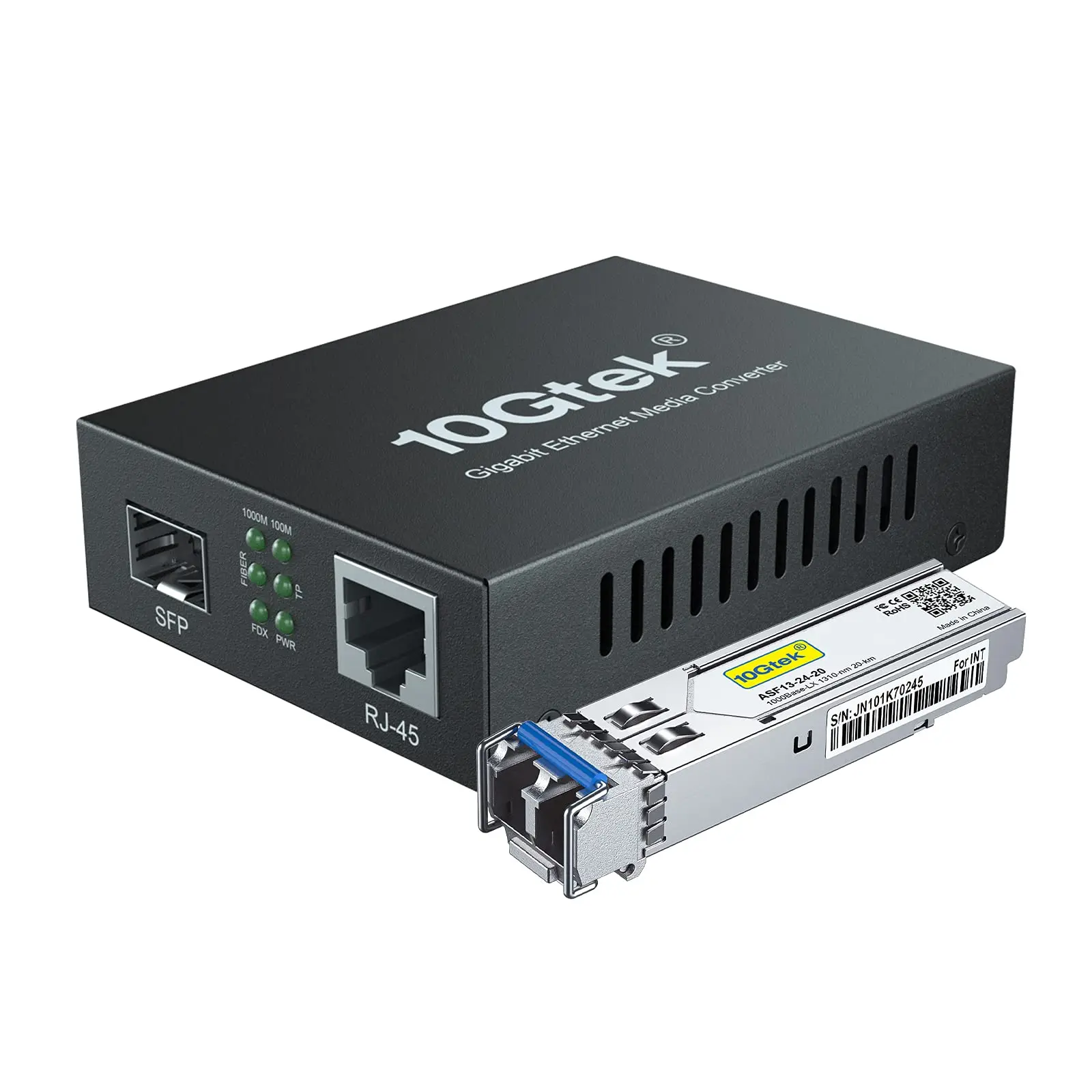 1.25G Media Converter(kit #2),  SingleMode Dual LC Fiber to Ethernet RJ45 Converter, with a SFP Module, SMF, 1310-nm, 20-km