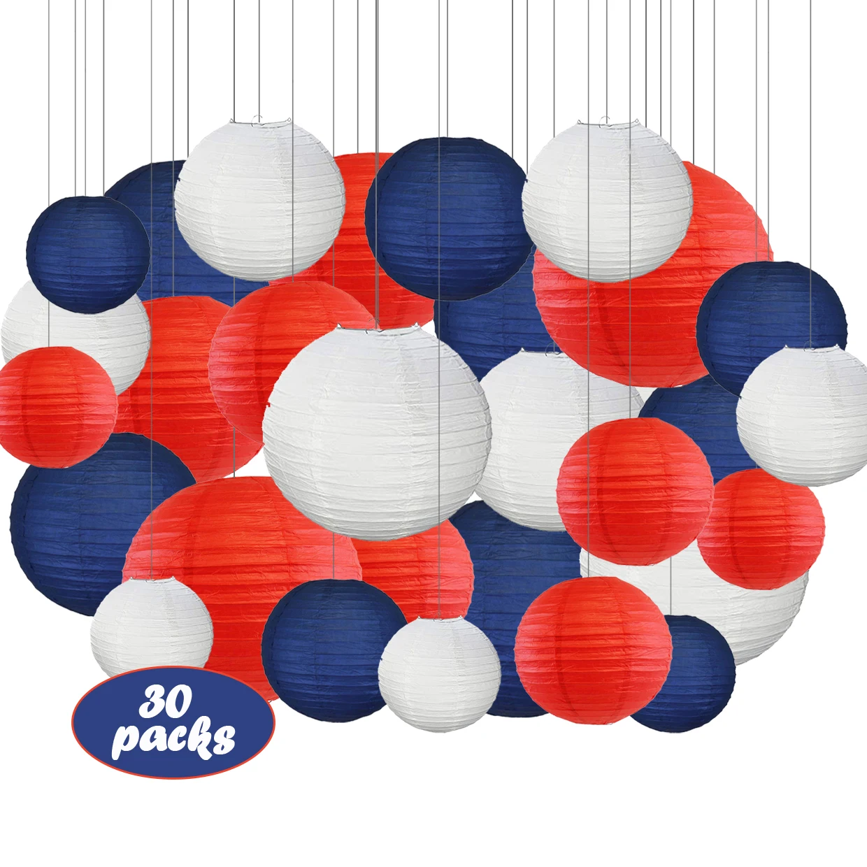 

30 pcs Paper Lanterns Assorted Sizes of 4"-12" Navy blue , Red and White Chinese Lampion for 4th of July, Independence Day