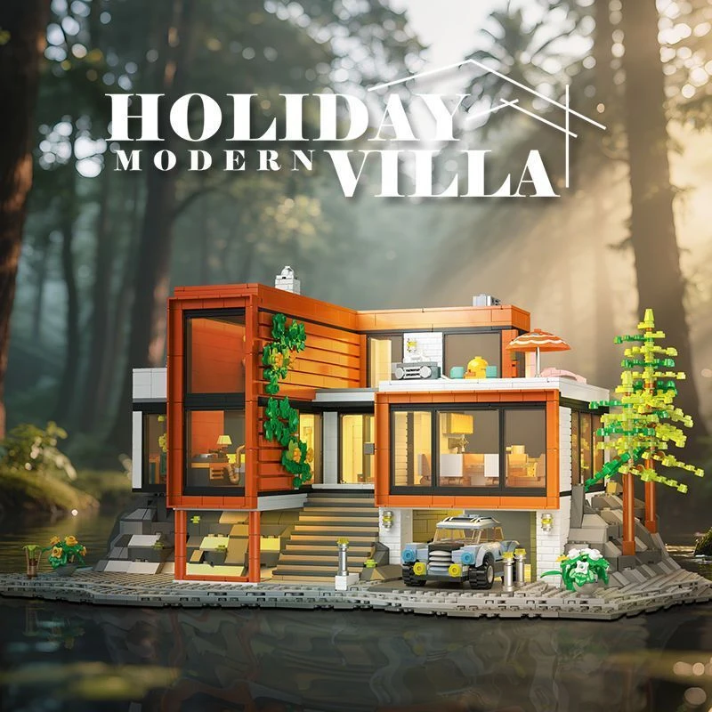 89133 Modern‑Style Holiday Villa Building Blocks Street View House Model Large French Window Courtyard Decoration Desktop