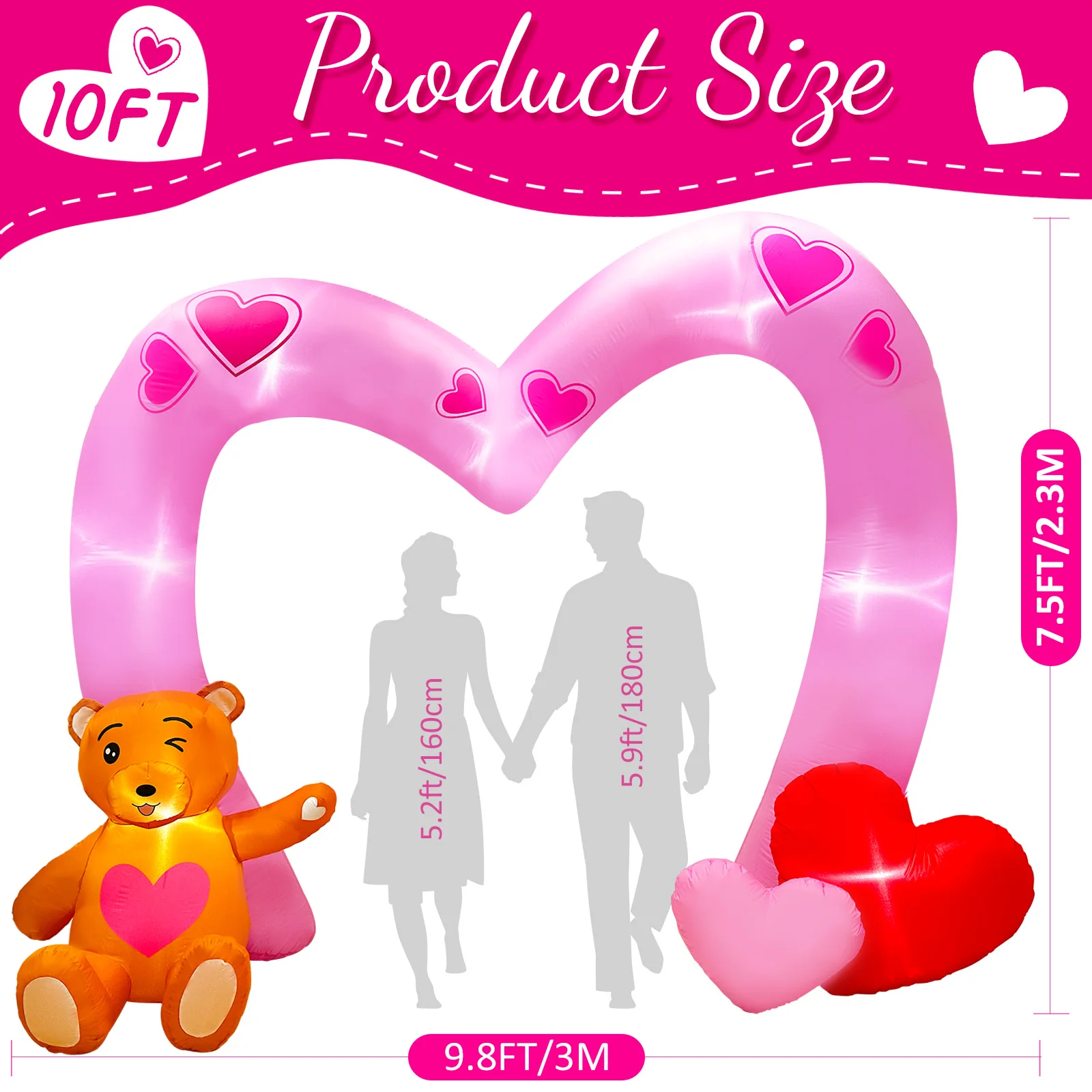 10FT Valentines Day Inflatables Outdoor Decorations, Heart Shaped Archway Inflatables Valentines Blow Up Yard Decorations