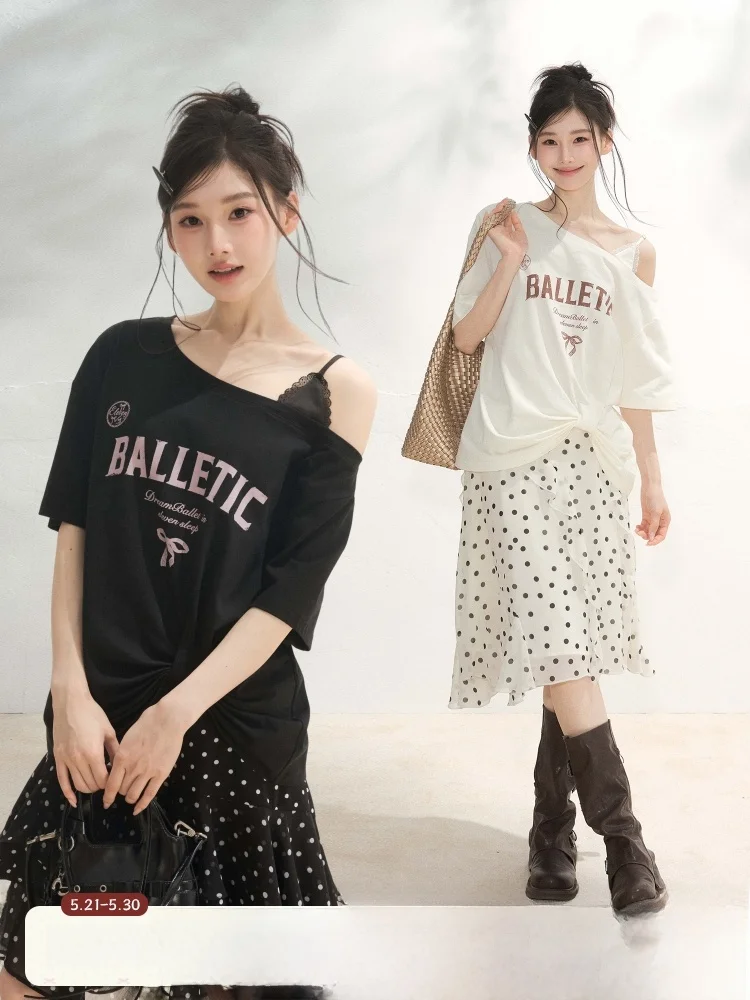 

ELEVEN SP Summer Lace Trim Shoulder Baring Short Sleeve T Shirt Women's Unique Design Sensation Korean Style Cotton Casual Top